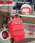 Person wheeling a 16 Gallon Portable Fuel Tank Caddy With 12V DC Electric Self Priming Transfer Pump, red HDPE, sturdy wheels