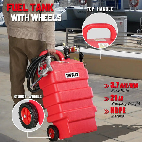 Person wheeling a 16 Gallon Portable Fuel Tank Caddy With 12V DC Electric Self Priming Transfer Pump, red HDPE, sturdy wheels