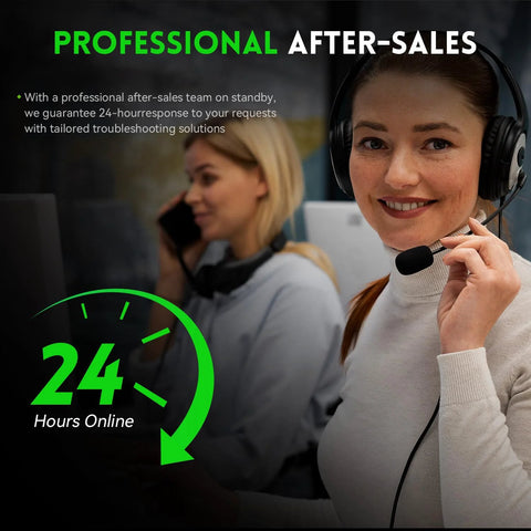 Customer service representatives with headsets providing 24-hour professional after-sales support in an office setting.