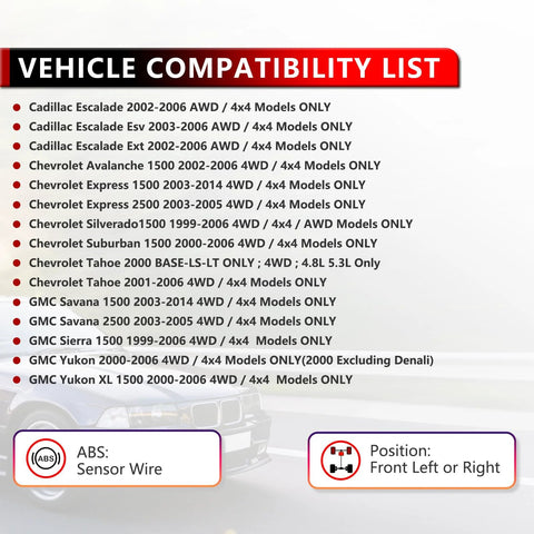 Vehicle compatibility list for 4WD Front Wheel Hub And Bearing Assembly Compatible With Cadillac Escalade EXT, Chevy Avalanche 1500, Express 2500, Silverado 1500, GMC Savana 1500 With ABS, 6 Lug, showing compatible models and ABS position.