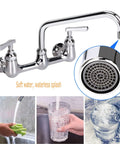Commercial 8 Inch Center Wall Mount Kitchen Faucet With 12 Inch Swivel Spout And Two Handles For 2 Or 3 Bay Prep And Utility Sinks