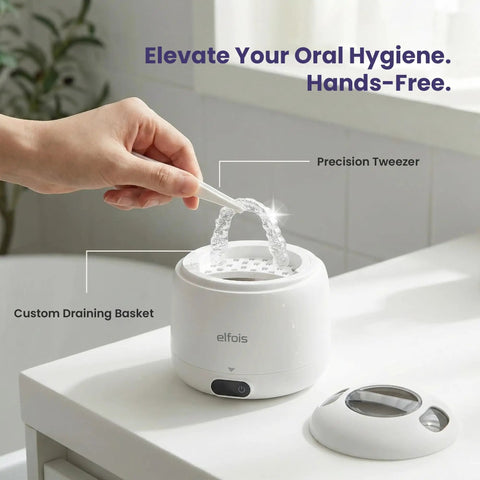 Ultrasonic Retainer Cleaner With UV Light And 45KHz Cleaning Pod, showing custom draining basket and precision tweezer