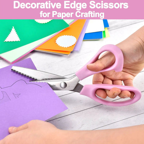 9 Inch Pinking Shears For Fabric Cutting And Crafting, Zigzag Scissors With Heavy Duty Stainless Steel Blade And Serrated Edge, Ultra Sharp And Durable For Tailors, Pros, Quilters, Dressmakers, Scrapbooking, Lace And Wig Work, Home DIY Projects, pink-handled scissors cutting paper