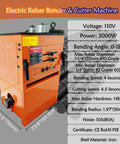 Heavy Duty Electric Rebar Bender And Cutter Delivers Pro Shop Grade Flex Up To 1 1/4 Inch Bars With Zero To 180 Degree Bending Powered By 3000 Watt Motor And Foot Pedal For Quick Hands Free Steel Cutting And Shaping On Any Build Job 110 Volt, orange machine with specs.