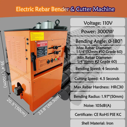 Heavy Duty Electric Rebar Bender And Cutter Delivers Pro Shop Grade Flex Up To 1 1/4 Inch Bars With Zero To 180 Degree Bending Powered By 3000 Watt Motor And Foot Pedal For Quick Hands Free Steel Cutting And Shaping On Any Build Job 110 Volt, orange machine with specs.