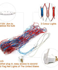 Colorful wires and plug of Patriotic Flag String Lights With 420 Super Bright LEDs Waterproof Net Light For Yard And Garden Decor Ideal For Holidays Parties Memorial Day Fourth Of July Christmas And Outdoor Festivities