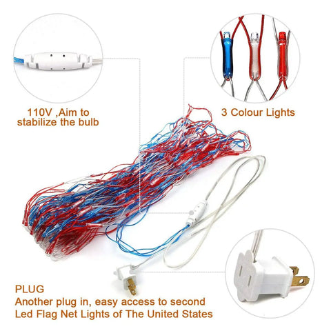 Colorful wires and plug of Patriotic Flag String Lights With 420 Super Bright LEDs Waterproof Net Light For Yard And Garden Decor Ideal For Holidays Parties Memorial Day Fourth Of July Christmas And Outdoor Festivities