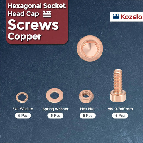 Twenty Piece Socket Head Cap Screw And Nut Kit Featuring M4 X 10MM Threads Crafted From Tough As Nails Red Copper For Gritty Repairs And Rock Solid Builds, showing copper screws and washers.
