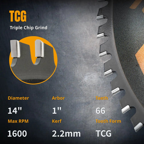 Close-up of 14 Inch Cold Saw Blade For Metal Cutting With 66 Teeth TCG Cemented Carbide, 1 Inch Arbor, 2.2mm Kerf, Max 1600 RPM