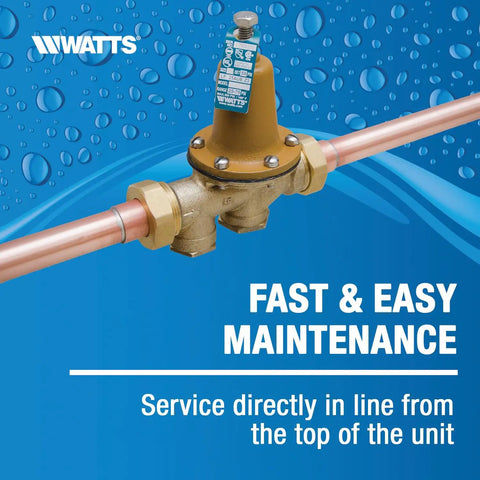 Bronze High Capacity Water Feed Regulator for Boiler and Hydronic Systems with union inlet, purge lever, in pipe system setup