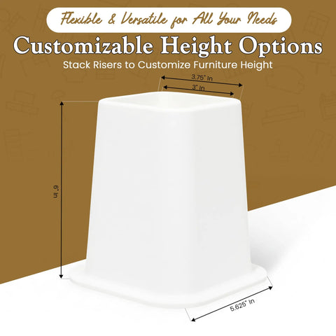 No Sweat Heavy Duty 6 Inch Bed Risers Set Of 4 White Stackable Furniture Boosters showing customizable height options and dimensions.
