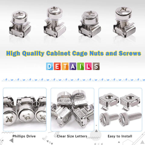 Rock Solid Heavy Duty M5 And M6 Cage Nut Screw Kit With Washers Square Hole Rack Mount Hardware For Server Cabinets Top Shelf showing stainless steel cage nuts and screws.