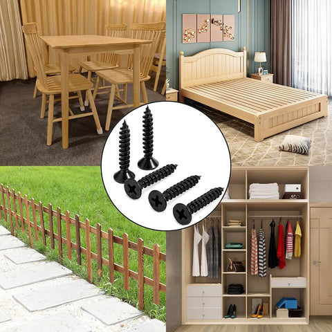 600 Pcs Size Eight By One Inch Black Wood Screws Self Tapping For Furniture Assembly Cabinets Wardrobe DIY Projects