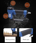 Heavy Duty Pneumatic Brad Nailer For One Quarter To Half Inch Nails Featuring Ergonomic Handle And Anti Jam Trigger, showing a lightweight blue gun body.