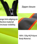 Close-up of Zipper closure and orange trim on Dope High Visibility Safety Vest With Zip Front And Heavy Duty Reflective Strips For Daily Job Site Hustle Custom Logo Tough Yellow Class Two Workwear Packed With Pockets Built Kickass For Crews.