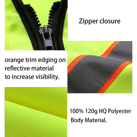 Close-up of Zipper closure and orange trim on Dope High Visibility Safety Vest With Zip Front And Heavy Duty Reflective Strips For Daily Job Site Hustle Custom Logo Tough Yellow Class Two Workwear Packed With Pockets Built Kickass For Crews.