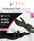 Badass 6 Mil Black Nitrile Gloves, Tough As Nails Heavy Duty Disposable Work Gloves With Unbeatable Textured Grip For Auto Shop Grinds And Weekend Projects, Powder And Latex Free, Case Of 100 packaging held in hand, black nitrile gloves visible.