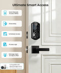 Sleek Matte Black Smart Deadbolt With Dual Lever Handles And Rock Solid App Control Plus No Sweat Keyless Entry Passcodes Apple Watch Pairing And Fast Auto Lock on a white door with keyless entry features.