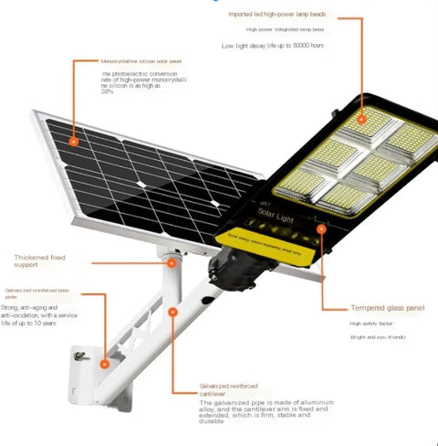 JUDYSSY Solar Street Lights Outdoor Lamp with solar panel, detailed view of features, 2200w, 3000w, dusk to dawn functionality.