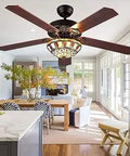 52 Inch Ceiling Fan With Tiffany Glass Shade And Five Wood Blades Remote Control Quiet Operation Reversible Airflow Year Round