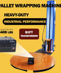 Workhorse Industrial Pallet Wrapping Machine With 4409 Pounds Capacity And 65 Inch Turntable Featuring Forklift Hole For Bulletproof Shrink Wrap Sealing On Massive Loads 110V with package weight displayed on turntable.