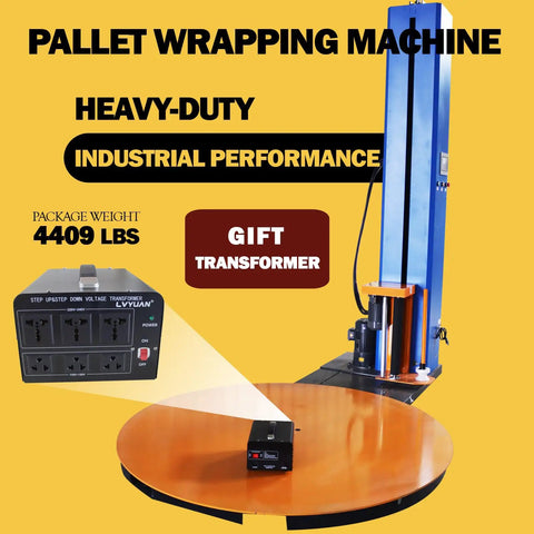 Workhorse Industrial Pallet Wrapping Machine With 4409 Pounds Capacity And 65 Inch Turntable Featuring Forklift Hole For Bulletproof Shrink Wrap Sealing On Massive Loads 110V with package weight displayed on turntable.