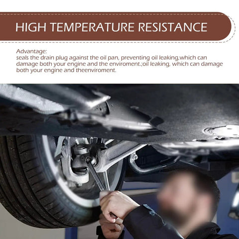 Mechanic using a wrench to seal drain plug for high temperature resistance in car oil pan, preventing leaks.