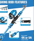All In One Kids Fishing Pole Set With Telescopic Rod And Spin Cast Reel shown with features including sturdy guide ring and EVA handle.