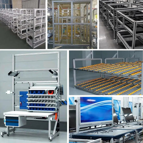 Collage of 1220mm T Slot 2020 Aluminum Extrusion Anodized Finish European Standard Linear Rail frames in various industrial setups