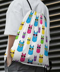 Lightweight Drawstring Sackpack For Gym And Travel Durable Polyester Secure Braided Drawstring To Keep Belongings Safe Ideal Beach Bag Everyday Use With Rainbow Llama Sunglasses Design worn by person outdoors