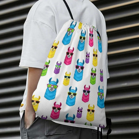 Lightweight Drawstring Sackpack For Gym And Travel Durable Polyester Secure Braided Drawstring To Keep Belongings Safe Ideal Beach Bag Everyday Use With Rainbow Llama Sunglasses Design worn by person outdoors