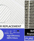 Comparison of DC07 Replacement HEPA Filter Kit for All Floors Vacuum Cleaner showing before and after filter use with magnifying glass.