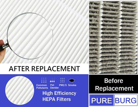 Comparison of DC07 Replacement HEPA Filter Kit for All Floors Vacuum Cleaner showing before and after filter use with magnifying glass.