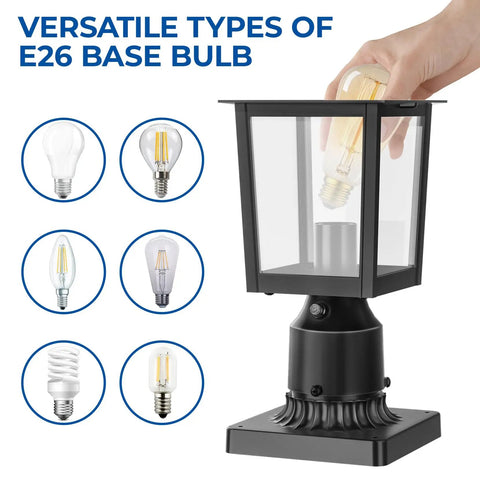 Outdoor Post Light Fixture With Dusk To Dawn Sensor Six Inch Aluminum Lantern With Clear Glass bulbs for garden use