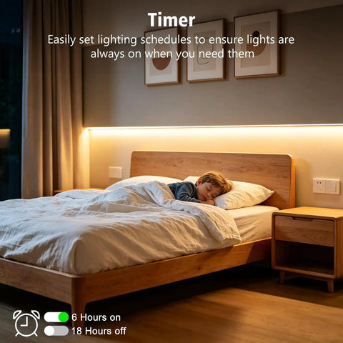 Bedroom with warm white LED strip lights behind a wooden bed; child sleeping, showcasing timer feature.