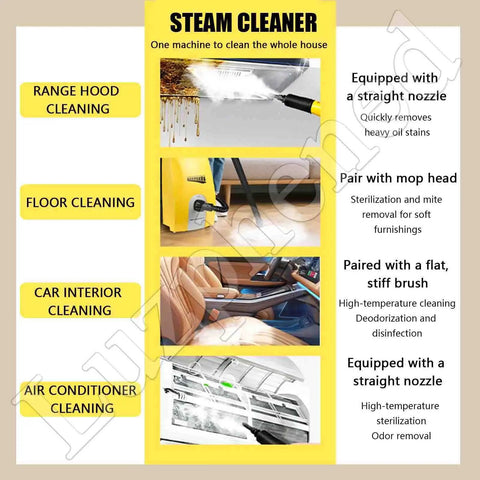 PtaTritious High-Pressure Steam Cleaner With Huge 3.5 L Tank showing cleaning range hood, floor, car interior, air conditioner.