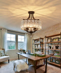 Modern Crystal Chandelier Four Lights Black Semi Flush Mount Ceiling Light Fixture for dining room, illuminating office space.