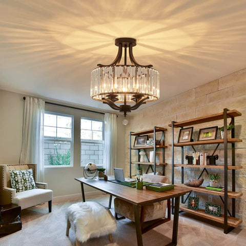 Modern Crystal Chandelier Four Lights Black Semi Flush Mount Ceiling Light Fixture for dining room, illuminating office space.