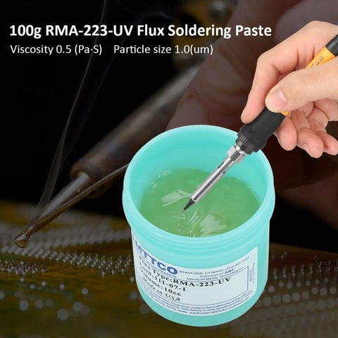 Insulation Solder Flux Paste RMA 223 For Electronics Repair, quick dry in 100g tub with soldering iron above green paste