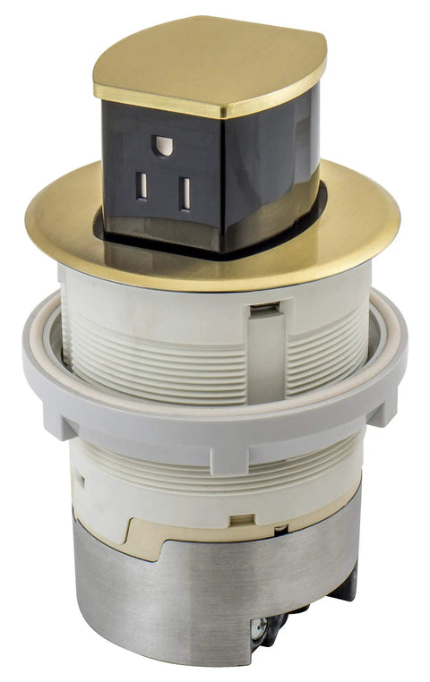 Tamper Resistant Pop Up Countertop Receptacle With Two Receptacles, Surface Or Flush Mount, 15 Amp 125 Volt, Push Down To Open, Brushed Brass Finish