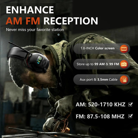 Man using All In One Wireless Hearing Protection Headphones With Bluetooth 6.0 AM FM Radio Digital Display 30 SNR Noise Reduction Earmuffs Rechargeable 2000 mAh Battery For Lawn Mowing And Outdoor Work