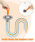 Illustration of 25 Inch Drain Snake Six Pack Hair Clog Remover Tools being used in sink drain to clear hair clogs.