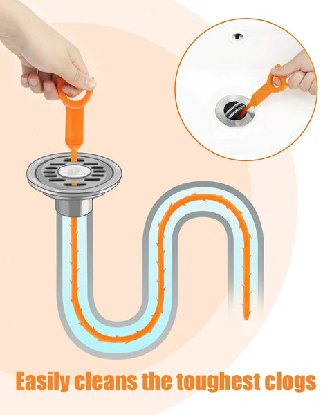 Illustration of 25 Inch Drain Snake Six Pack Hair Clog Remover Tools being used in sink drain to clear hair clogs.