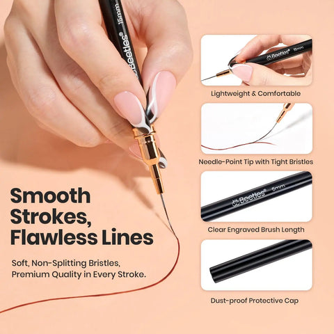 Close-up of hand using Liner Nail Art Brush Set Of 5 With Palette Holder For Long Lines And Fine Details Metallic Nail Pens 5mm 9mm 15mm 20mm 25mm Pro Grade Manicure Tools For Clean Snappy Nail Designs on pale surface.