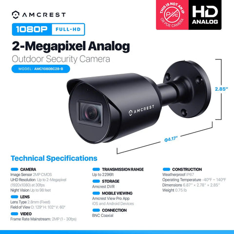 Outdoor Full HD 1080P Bullet Security Camera Quadruple 4 In 1 HD CVI TVI AHD Analog 2 Megapixel Night Vision, black, 3.6mm lens, specs shown.