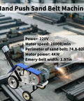 Yokoma Hand Push Sand Belt Machine For Weld Grinding with detailed specs in industrial setting, showcasing design and structure.