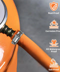 Heavy Duty 130 Piece Hose Clamp Kit 304 Stainless Steel 1/4 To 1-1/2 Inch Worm Gear Clamps on orange hose with proof icons