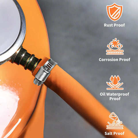 Heavy Duty 130 Piece Hose Clamp Kit 304 Stainless Steel 1/4 To 1-1/2 Inch Worm Gear Clamps on orange hose with proof icons