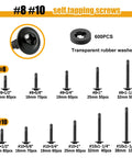 Self Tapping And Self Drilling Screws For Metal Kit In 410 Stainless Steel With Black Oxide Truss Head And Rubber Washer No Pre Drill Needed Quick Install Assorted Set Of 610 Pieces For Easy Strong Fastening, showing screw sizes and quantities.