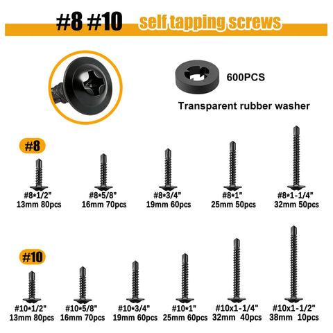 Self Tapping And Self Drilling Screws For Metal Kit In 410 Stainless Steel With Black Oxide Truss Head And Rubber Washer No Pre Drill Needed Quick Install Assorted Set Of 610 Pieces For Easy Strong Fastening, showing screw sizes and quantities.